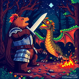 A vibrant pixel art scene depicting a bear in detailed knight armor fiercely battling a dragon in a dark, enchanted forest