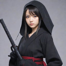 A teenage girl anime character in Japanese style, clad in stealthy attire, carrying assassin tools. Her serious expression hints at her dangerous specialization in assassination.