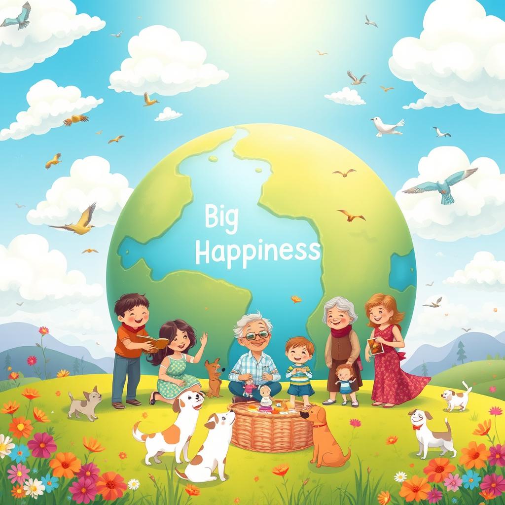 A delightful and uplifting illustration titled "Big Family is a Planet of Happiness" showcasing a lively and colorful planet symbolizing the joy of a large family unit