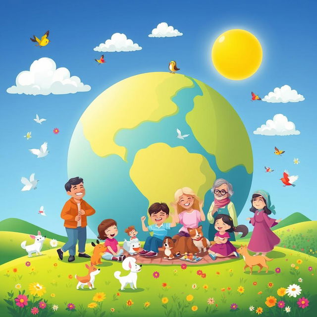 A delightful and uplifting illustration titled "Big Family is a Planet of Happiness" showcasing a lively and colorful planet symbolizing the joy of a large family unit