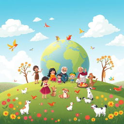 A delightful and uplifting illustration titled "Big Family is a Planet of Happiness" showcasing a lively and colorful planet symbolizing the joy of a large family unit