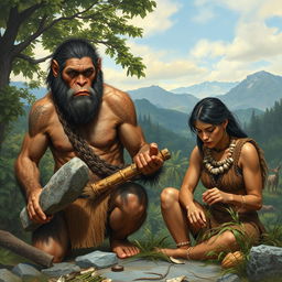 A realistic depiction of a male and female Homo erectus in the stone age, showcasing their primitive clothing made of animal hides and furs