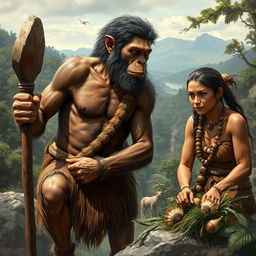 A realistic depiction of a male and female Homo erectus in the stone age, showcasing their primitive clothing made of animal hides and furs