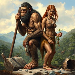 A realistic depiction of a male and female Homo erectus in the stone age, showcasing their primitive clothing made of animal hides and furs