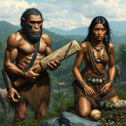 A realistic depiction of a male and female Homo erectus in the stone age, showcasing their primitive clothing made of animal hides and furs