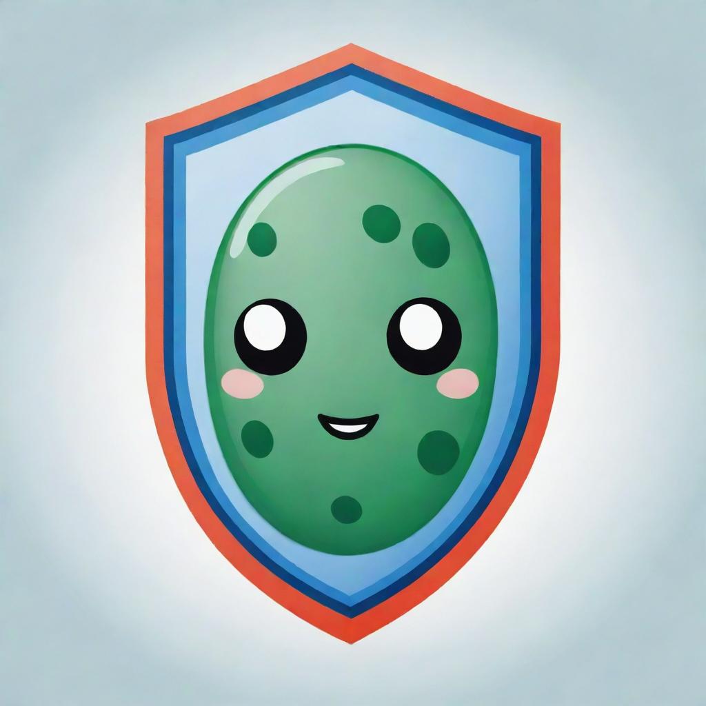 Design a cute 'Eukarshield' card, an 'upcell' type. Illustrate an adorable cell with a face enveloped in a protective membrane shield, reflecting the resilience of a eukaryotic cell. The shield should visually convey imperviousness to destruction.