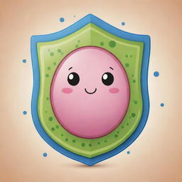 Design a cute 'Eukarshield' card, an 'upcell' type. Illustrate an adorable cell with a face enveloped in a protective membrane shield, reflecting the resilience of a eukaryotic cell. The shield should visually convey imperviousness to destruction.