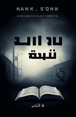 A book cover design titled "السجل الأخير للغياب" in large, attractive font placed prominently in the center, using a dark color like deep black or navy blue