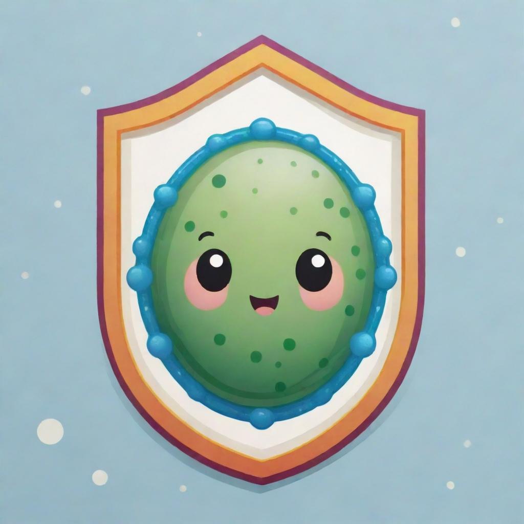 Design a cute 'Eukarshield' card, an 'upcell' type. Illustrate an adorable cell with a face enveloped in a protective membrane shield, reflecting the resilience of a eukaryotic cell. The shield should visually convey imperviousness to destruction.