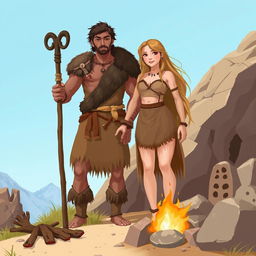 An artistic representation of a male and female in the Stone Age, showcasing traditional clothing made from animal hides and natural materials