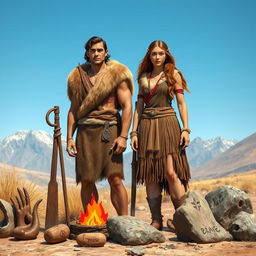 An artistic representation of a male and female in the Stone Age, showcasing traditional clothing made from animal hides and natural materials