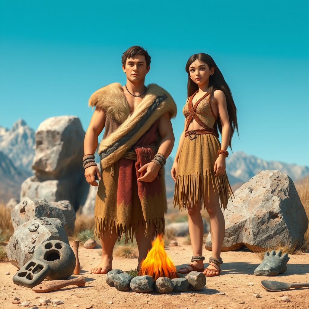 An artistic representation of a male and female in the Stone Age, showcasing traditional clothing made from animal hides and natural materials