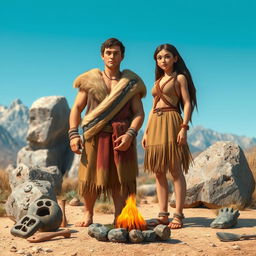 An artistic representation of a male and female in the Stone Age, showcasing traditional clothing made from animal hides and natural materials