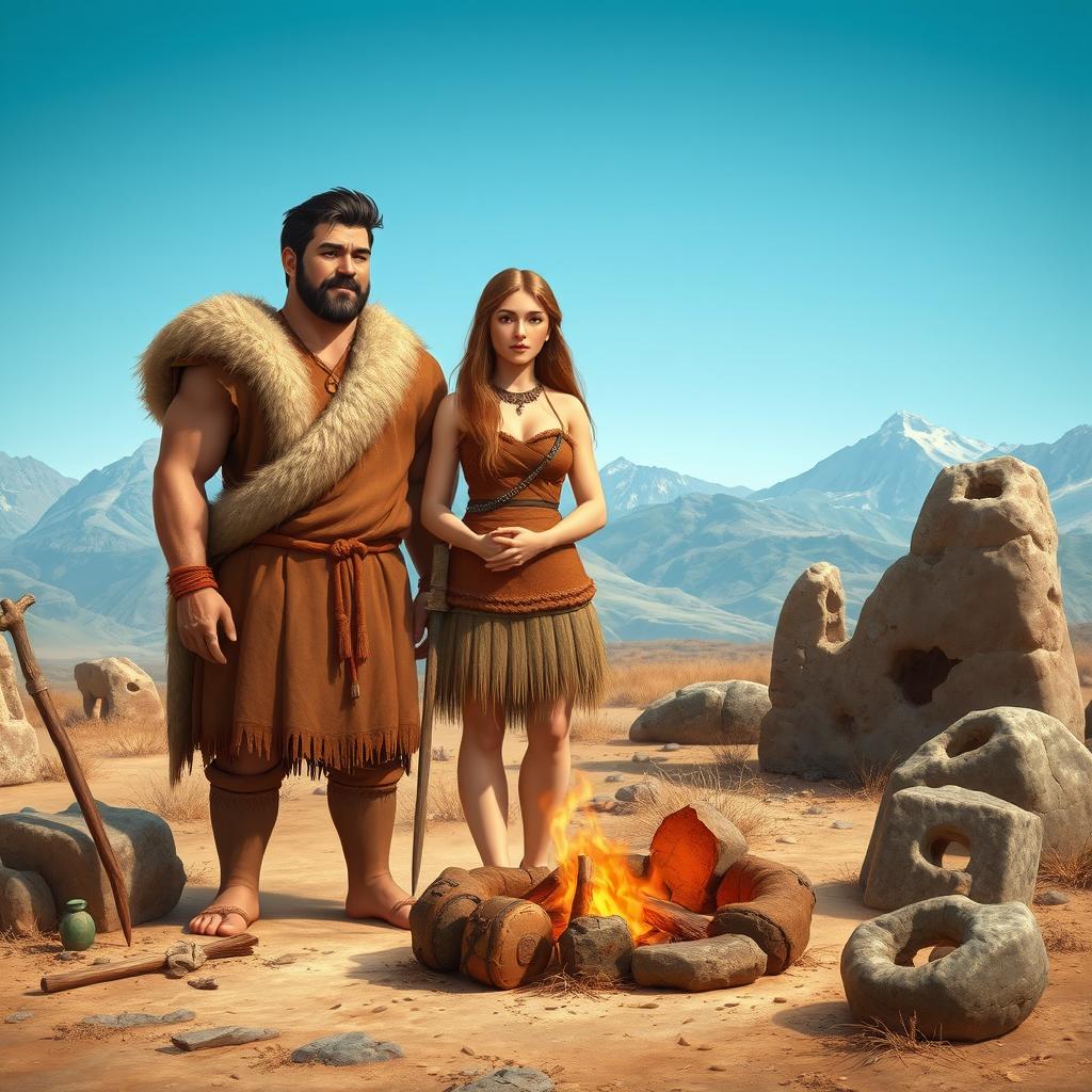 An artistic representation of a male and female in the Stone Age, showcasing traditional clothing made from animal hides and natural materials