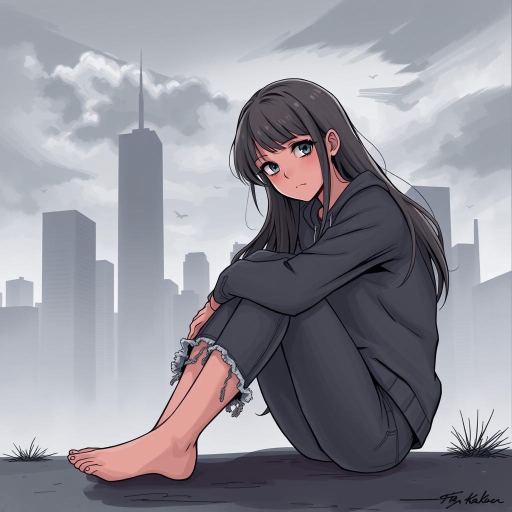 A mature cover illustration featuring a teenage girl sitting on the ground, hugging her knees with a contemplative look