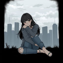 A mature cover illustration featuring a teenage girl sitting on the ground, hugging her knees with a contemplative look