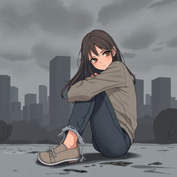 A mature cover illustration featuring a teenage girl sitting on the ground, hugging her knees with a contemplative look