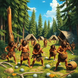 A vibrant portrayal of humans living during the Stone Age, showcasing a lively scene with multiple figures engaged in various activities, such as hunting and gathering