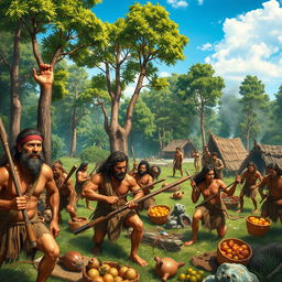 A vibrant portrayal of humans living during the Stone Age, showcasing a lively scene with multiple figures engaged in various activities, such as hunting and gathering