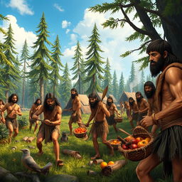 A vibrant portrayal of humans living during the Stone Age, showcasing a lively scene with multiple figures engaged in various activities, such as hunting and gathering