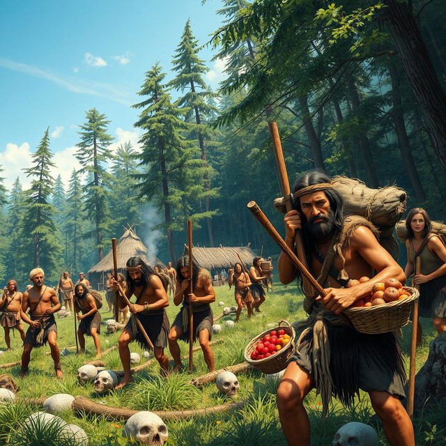 A vibrant portrayal of humans living during the Stone Age, showcasing a lively scene with multiple figures engaged in various activities, such as hunting and gathering