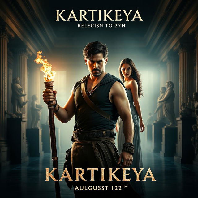 A dramatic movie poster featuring a male character resembling an adventurous hero, confidently holding a torch in the foreground, with an equally strong female character in elegant attire standing in the background