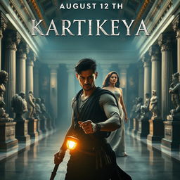 A dramatic movie poster featuring a male character resembling an adventurous hero, confidently holding a torch in the foreground, with an equally strong female character in elegant attire standing in the background