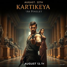 A dramatic movie poster featuring a male character resembling an adventurous hero, confidently holding a torch in the foreground, with an equally strong female character in elegant attire standing in the background