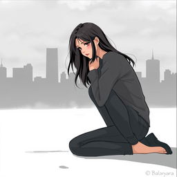 A mature cover illustration featuring a young woman sitting on the ground, hugging her knees with a contemplative look