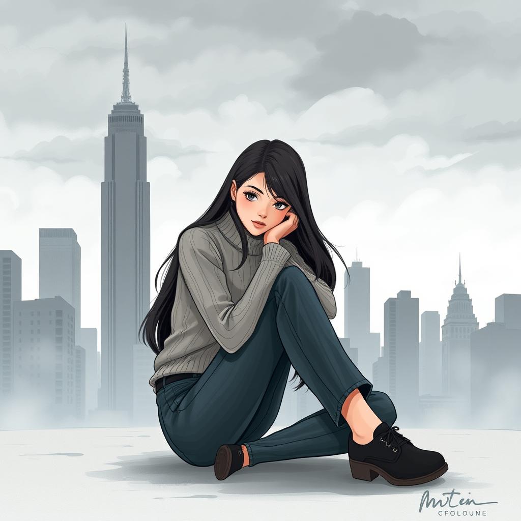 A mature cover illustration featuring a young woman sitting on the ground, hugging her knees with a contemplative look