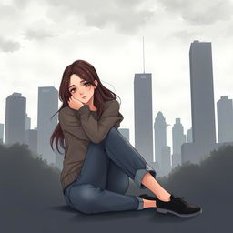 A mature cover illustration featuring a young woman sitting on the ground, hugging her knees with a contemplative look