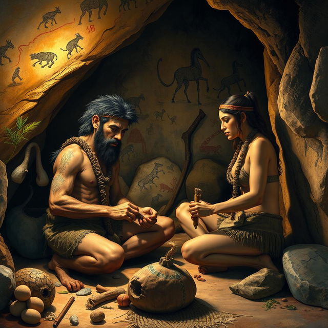 A scene depicting Homo erectus male and female inside a prehistoric cave, showcasing the atmosphere of the Stone Age