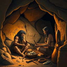 A scene depicting Homo erectus male and female inside a prehistoric cave, showcasing the atmosphere of the Stone Age