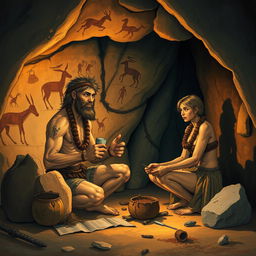 A scene depicting Homo erectus male and female inside a prehistoric cave, showcasing the atmosphere of the Stone Age