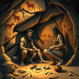 A scene depicting Homo erectus male and female inside a prehistoric cave, showcasing the atmosphere of the Stone Age