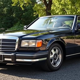 A modern reinterpretation of the 1984 Mercedes 1000 SEL, showcasing a luxurious sedan with an elegant silhouette and a revamped front grille that pays homage to the classic design