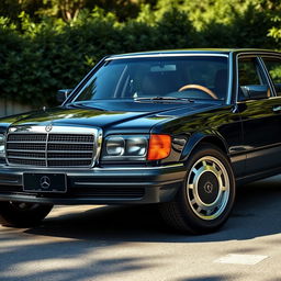 A modern reinterpretation of the 1984 Mercedes 1000 SEL, showcasing a luxurious sedan with an elegant silhouette and a revamped front grille that pays homage to the classic design