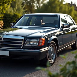 A modern reinterpretation of the 1984 Mercedes 1000 SEL, showcasing a luxurious sedan with an elegant silhouette and a revamped front grille that pays homage to the classic design