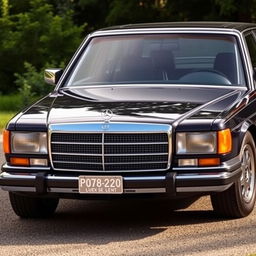 A modern reinterpretation of the 1984 Mercedes 1000 SEL, showcasing a luxurious sedan with an elegant silhouette and a revamped front grille that pays homage to the classic design