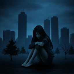 A dark and serious book cover featuring a teenage girl with long flowing hair sitting on the floor, hugging her knees tightly