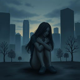 A dark and serious book cover featuring a teenage girl with long flowing hair sitting on the floor, hugging her knees tightly