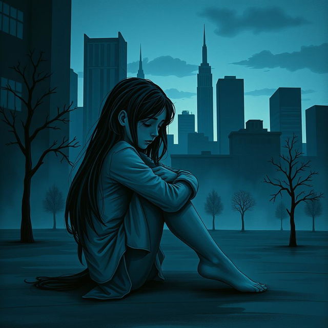 A dark and serious book cover featuring a teenage girl with long flowing hair sitting on the floor, hugging her knees tightly