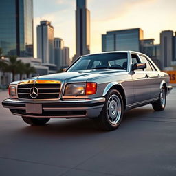 A sleek, modern reinterpretation of the 1984 Mercedes 1000 SEL, featuring an elegant silhouette redesigned for contemporary aesthetics