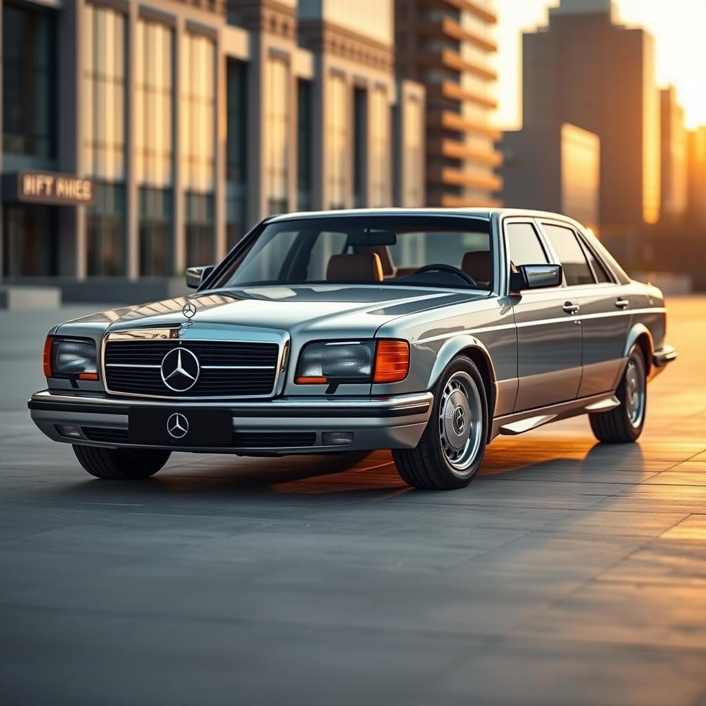 A sleek, modern reinterpretation of the 1984 Mercedes 1000 SEL, featuring an elegant silhouette redesigned for contemporary aesthetics