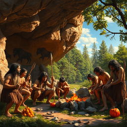 A detailed scene depicting early humans in the Stone Age, showcasing their hunter-gatherer lifestyle