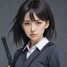 A Japanese anime-style girl character, expert in assassination. Dressed in a subtle, stealthy outfit equipped with hidden weapons, her focused expression reveals her lethal profession.