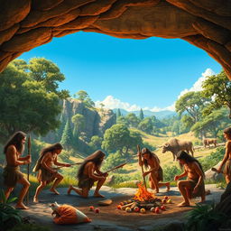 A detailed scene depicting early humans in the Stone Age, showcasing their hunter-gatherer lifestyle