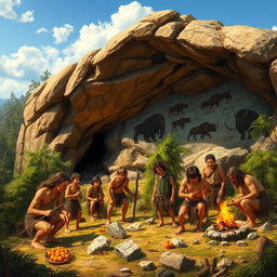 A detailed scene depicting early humans in the Stone Age, showcasing their hunter-gatherer lifestyle