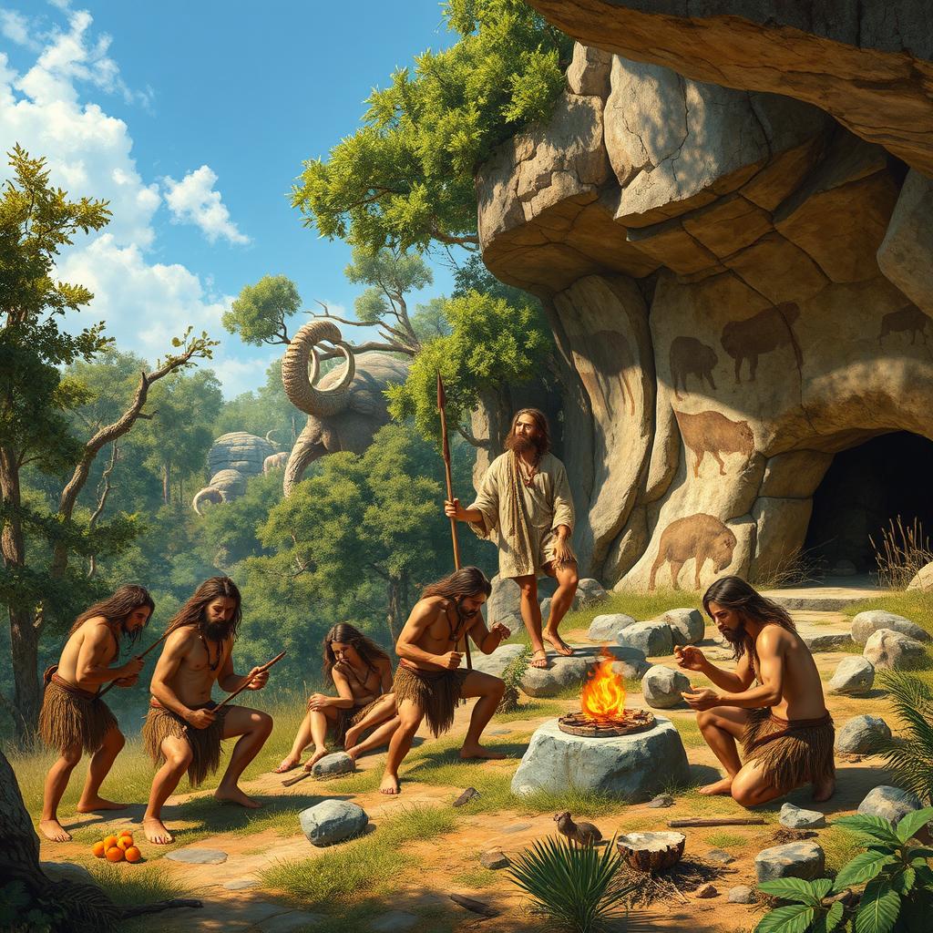 A detailed scene depicting early humans in the Stone Age, showcasing their hunter-gatherer lifestyle