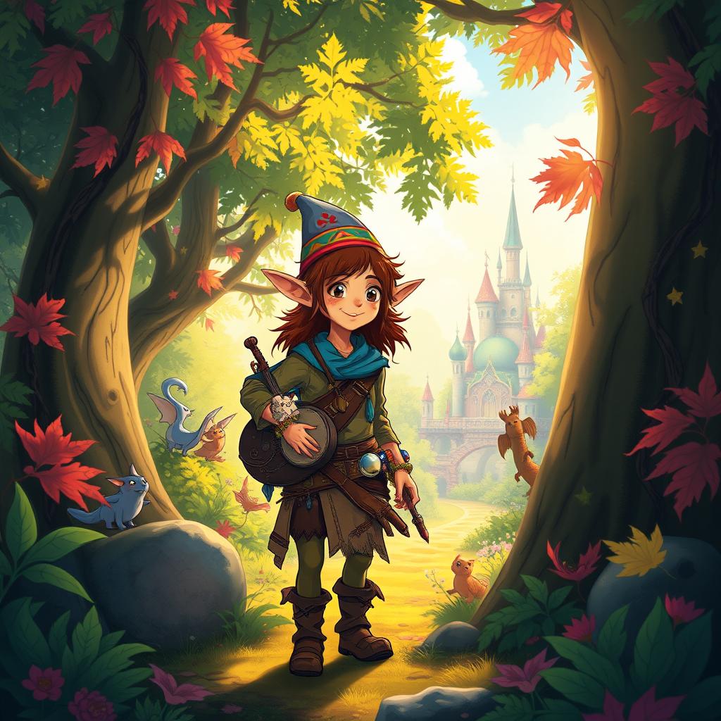 A whimsical, roguish half-elf bard wandering through a vibrant, enchanting forest reminiscent of Studio Ghibli style